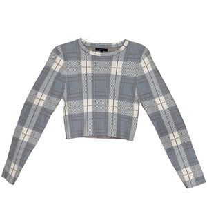 Love Tree Womens Plaid Knit Cropped Top Sweater Smoky Blue Gray Plaid Sz L NWOT